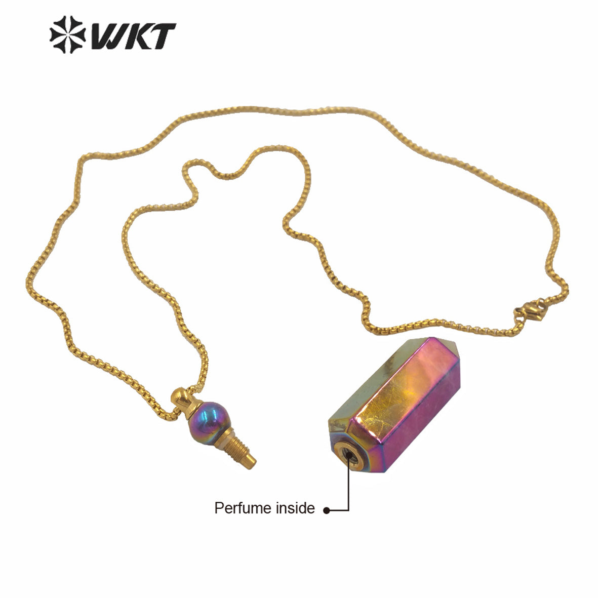WT-N1260 Wholesale Natural Amethyst Spirit Quartz Point Necklace with Aura Amazing Gold Steel Stone Point Perfume Necklace