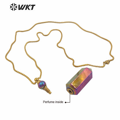 WT-N1260 Wholesale Natural Amethyst Spirit Quartz Point Necklace with Aura Amazing Gold Steel Stone Point Perfume Necklace