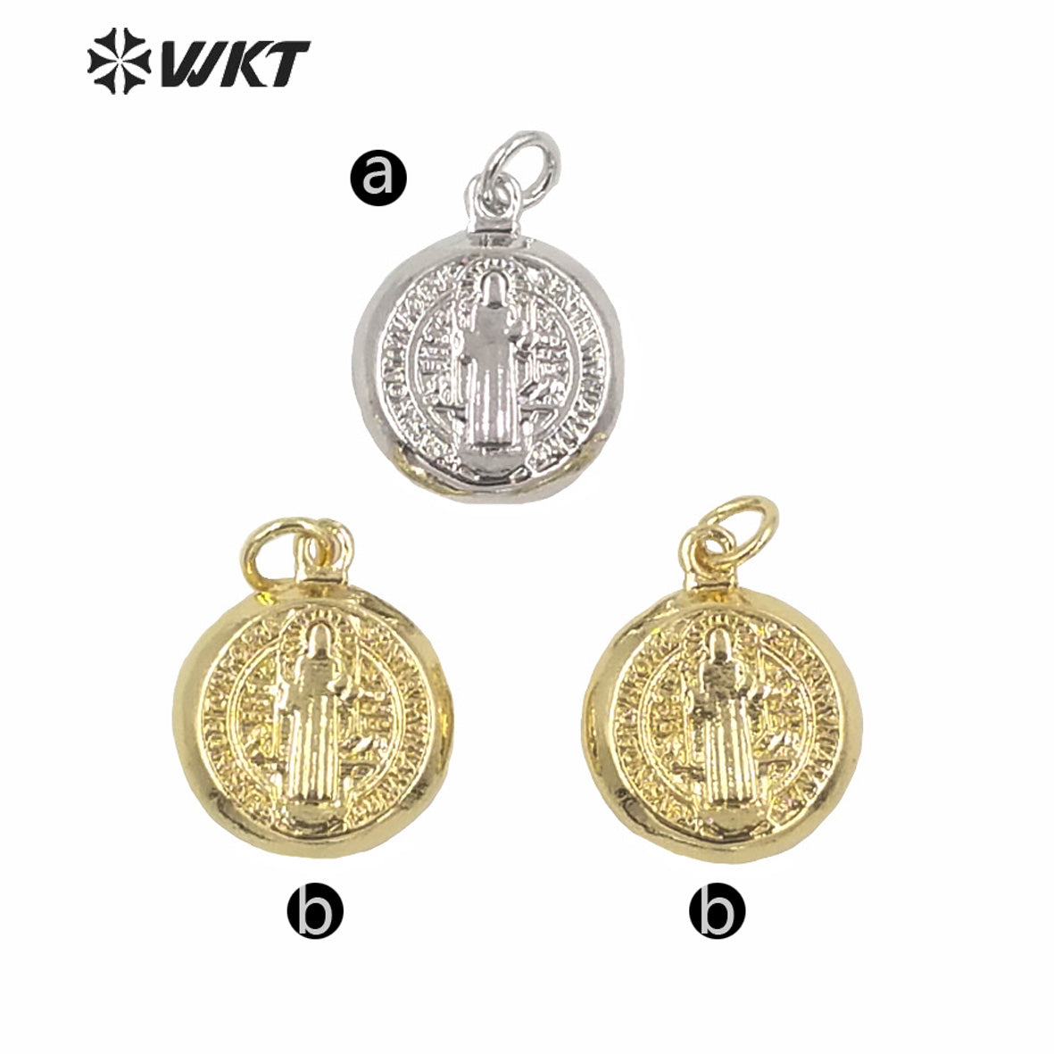 WT-MP153 Wholesales Gold Electroplated Religious Jewelry Jesus Christ Pendant Small Size Round Gold Coin Pendant Jesus Pendants