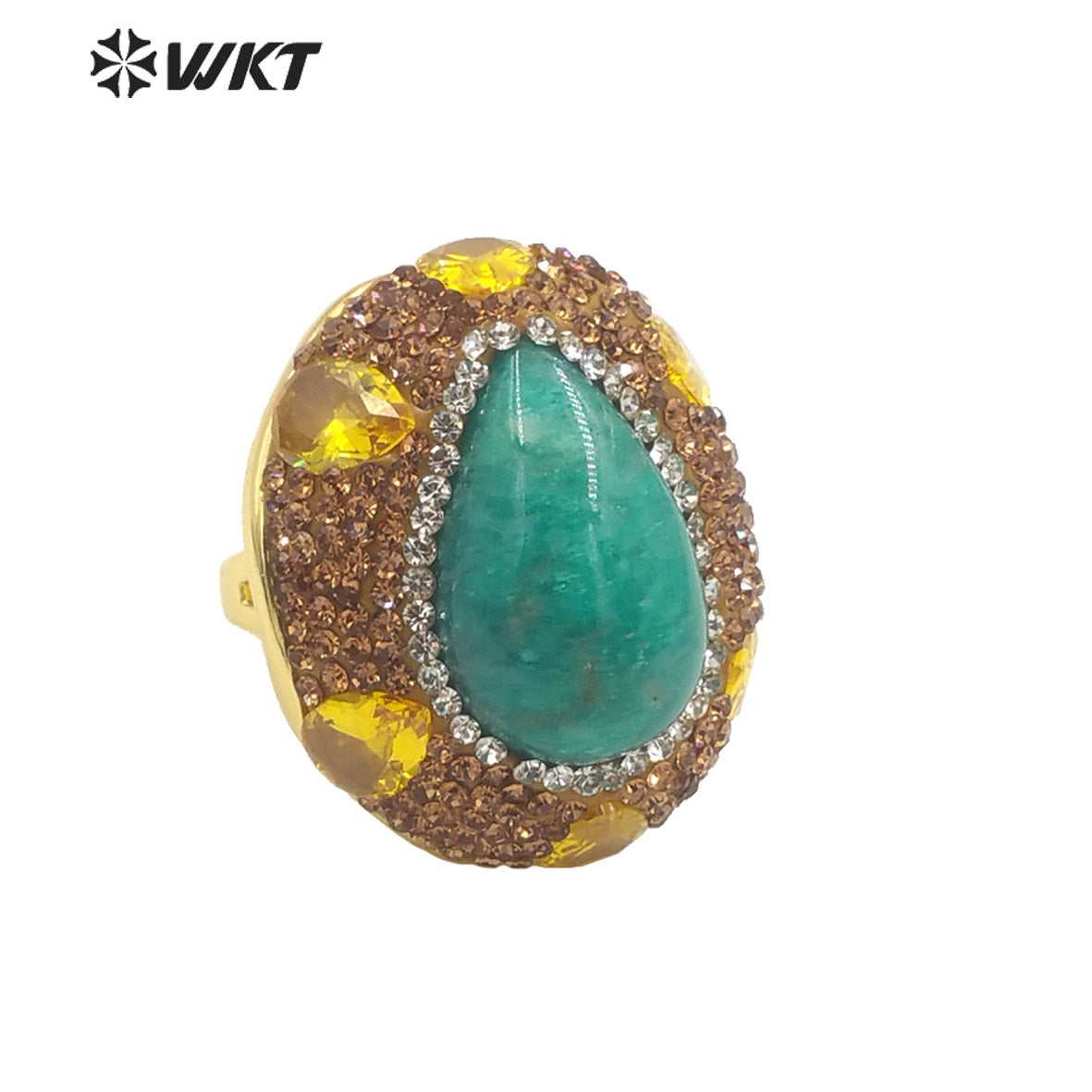 WT-R498 New Popular Vintage Style Rhinestone and Amazonite Turquoise Stone Setting Handmade Adjustable Sizee Gold Plated Ring
