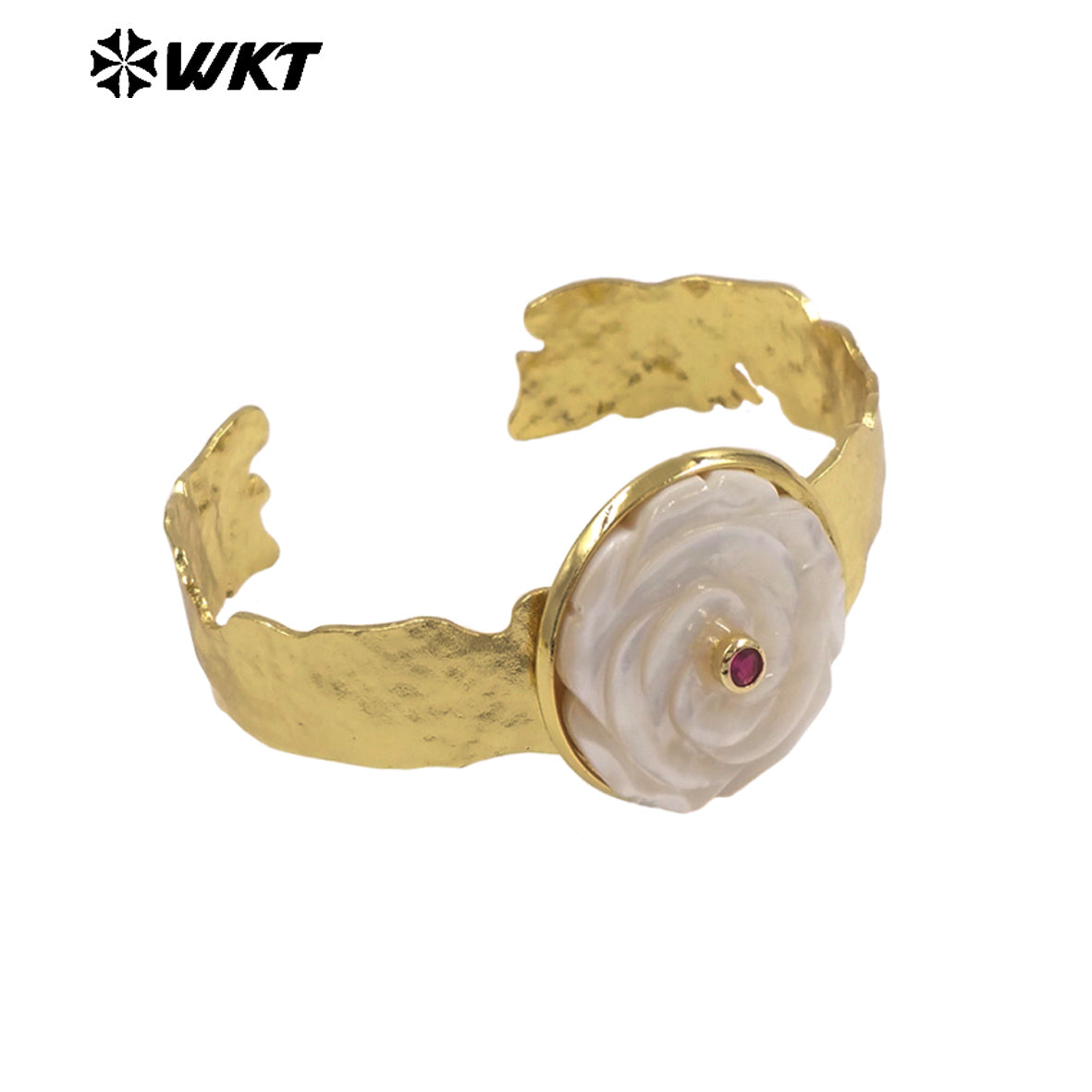 MPB145 New Product 18K Gold Electroplated Zircon And White Shell Carved Flower Shape Cuff Bangle For Women Fashion Accessory