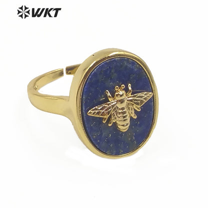 WT-R353 Unique Design Natural Stone Insect Charm Ring Oval Gemstone Ring Fashion Jewelry Multicolor Adjustable Ring
