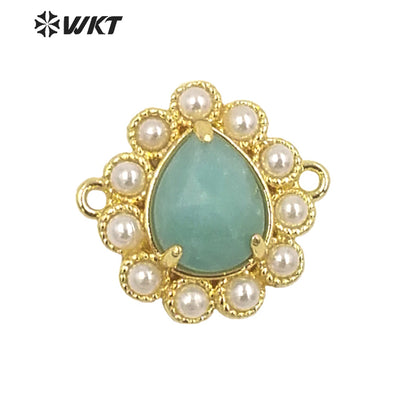 WT-PC008 Delicate Fashion 18K Real Gold Plated Resist Tarnishable Gemstone Carved Drop Pearl Connectors