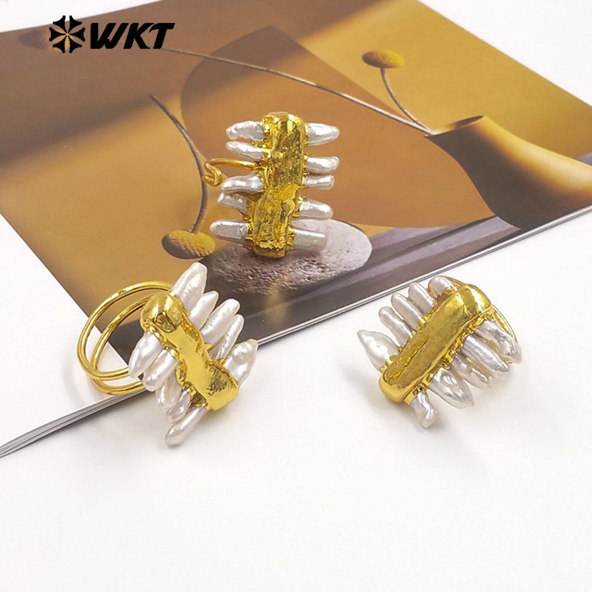 WT-MPR161 Newest 18K Gold Plated Multi Natural Freshwater Pearls Women Adjustable Ring As Friends Birthday Present Jewelry