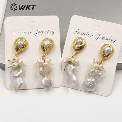 WT-MPE018 New Design Natural Freshwater Pearl Earring Real Gold Plated Elegant Jewelry Pearl Earring