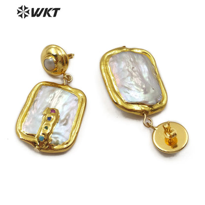 WT-E574 WKT New Arrival Natural Pearl Earring With Color Beads Rectangle Shape Gold Plated Pearl Earrings Women Fashion Jewelry