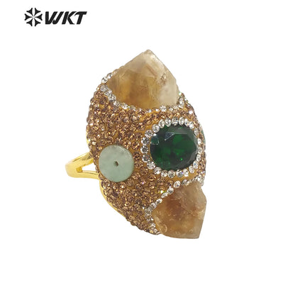 WT-R436 Wholesale Fashion Gold Natural Stone Cigar Ring Handmade Rhinestone Pave Yellow Citrine Lucky Energy Jade Stone Ring
