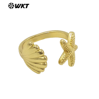 WT-R554 Sea Creative Personality 18K Gold Plated Adjustable Starfish Shell Shape Summer Ring for Hot Girls As Daily Decoration