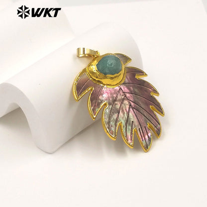 WT-JP472 High Quality Unique Gold Plated Natural Shell And Amazonite Stone Leaves Shape Pendant For Women Jewelry Decoration