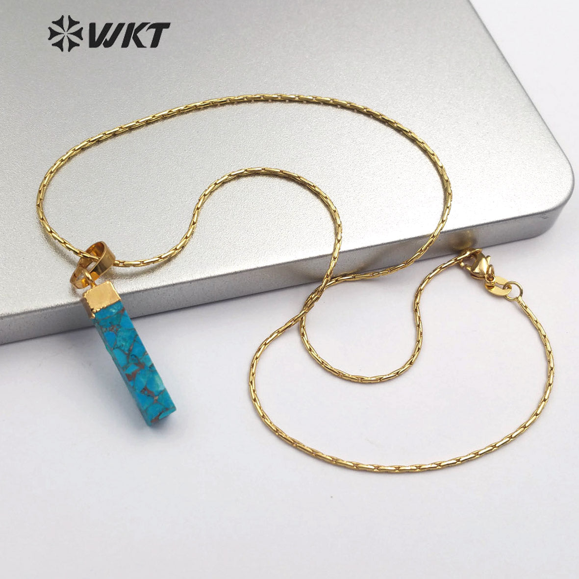WT-N1164 Natural Blue Vein Turquoise Gold Electroplated Rectangle Shape Pendant Necklace Women Fashion Necklace Jewelry
