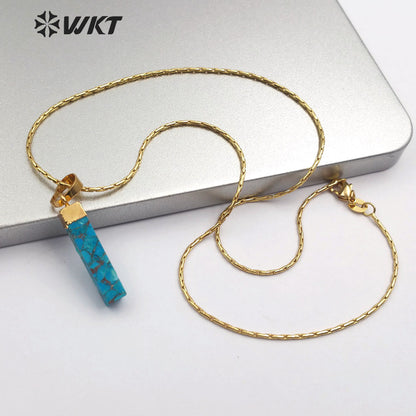 WT-N1164 Natural Blue Vein Turquoise Gold Electroplated Rectangle Shape Pendant Necklace Women Fashion Necklace Jewelry