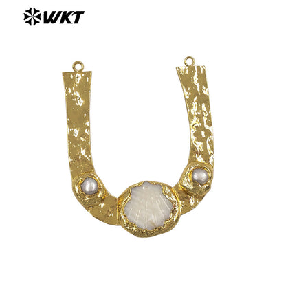WT-PC014 High Quality 18K Gold Plated Double Loops Natural Freshwater Pearl And Shell Design Connector For Handmade Necklace