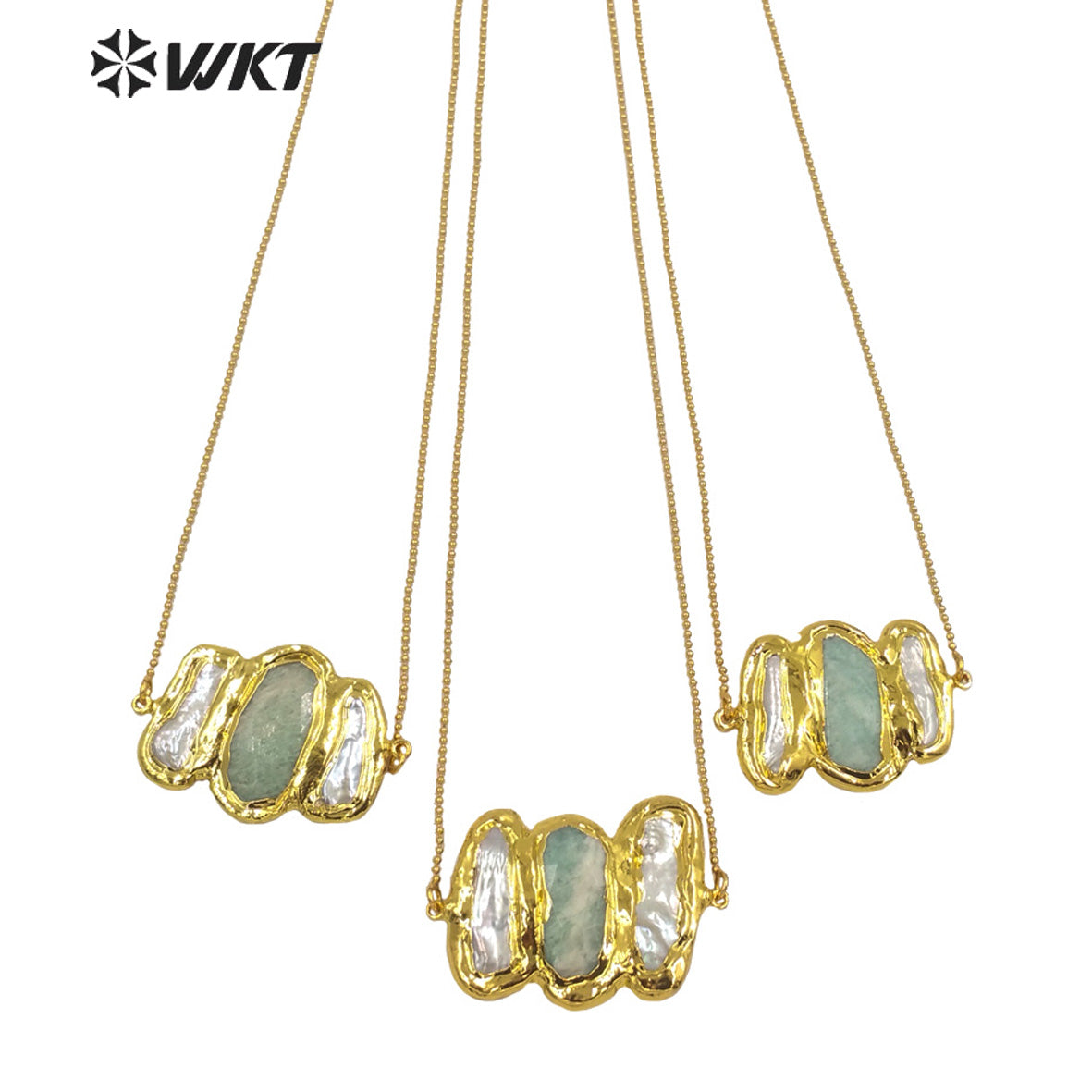 WT-JN136 Wholesale New Triple Stone Statement Necklace 18 Inch Long Gold Pearl and Stone Mix Birthday Gift Women Necklace
