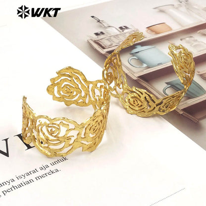 WT-B715 Amazing Newest Product Yellow Brass Gold Plated Rose Flower Shape Metal Bangle For Girls Romantic Jewelry Accessory