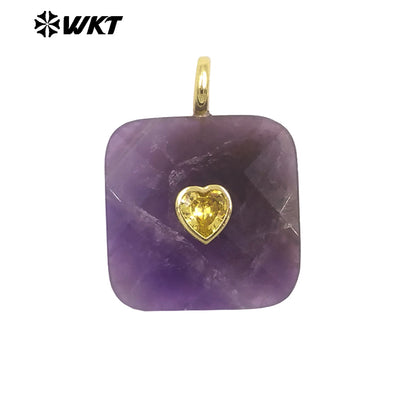 WT-P2105 Fashionable Heart Zircon And Multiple Natural Gemstones Facet Square Gold Pendants For Women Necklaces Design