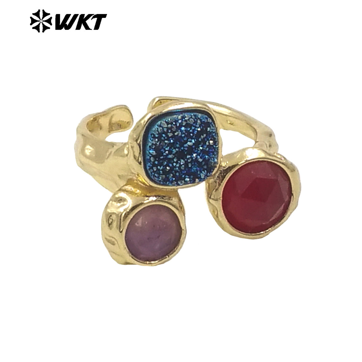 WT-R521 Wholesale 18K Real Gold Plated Triple Druzy Quartz Women Natural Stone Made Birthday Gift Ring