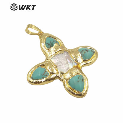 WT-JP216 WKT Jewelry Exclusive Unique Design Green Turquoise Stone Pendant Single Gold Plated Pearl Cross Pendant for Lady