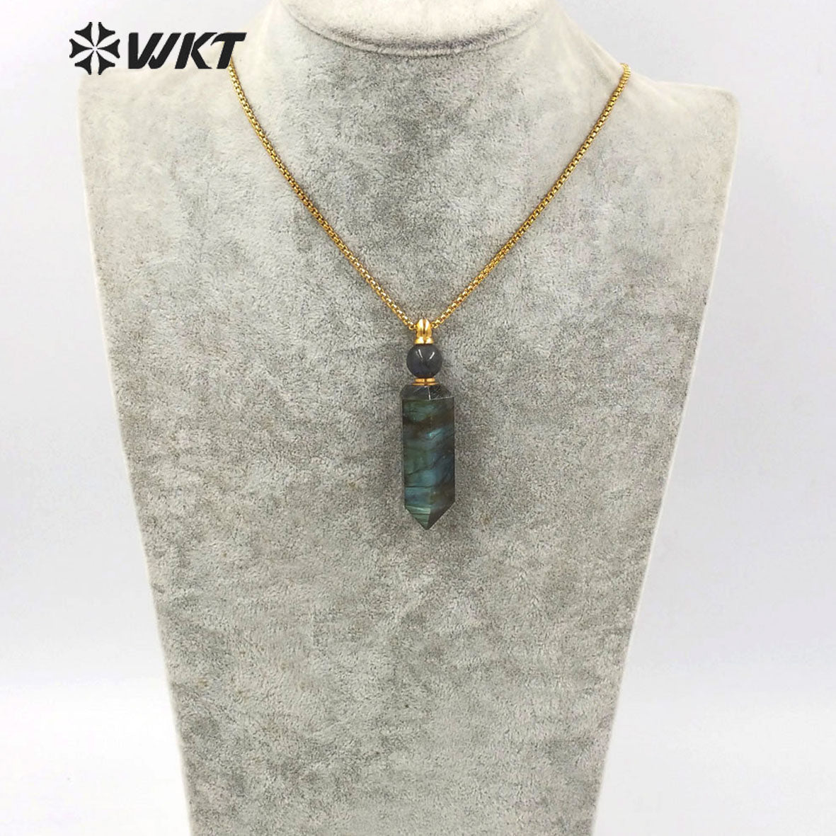 WT-N1256 Wholesale Gold Stainless Steel Hexagonal Shape Natural Labradorite Stone Gold Stainless Steel Metal Rose Quartz Stone