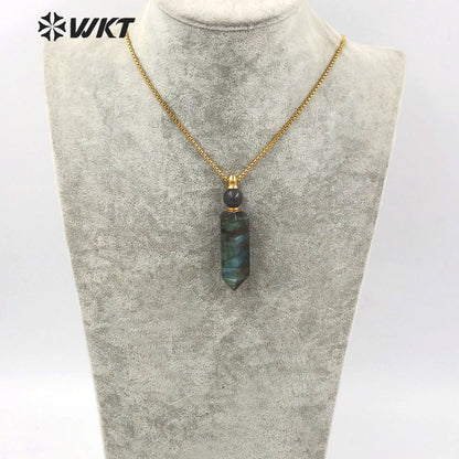 WT-N1256 Wholesale Gold Stainless Steel Hexagonal Shape Natural Labradorite Stone Gold Stainless Steel Metal Rose Quartz Stone