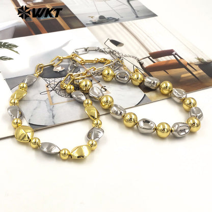 WT-JFN28 New Natural Brass 18K Gold Plated and Silver Irregular Diamond Shaped Flat Bead Necklace for Women As Daily Decoration