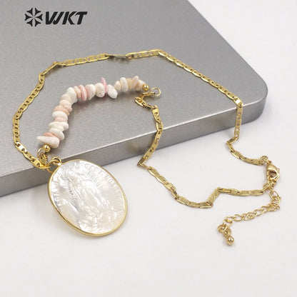 WT-JN146 WKT Amazing Fashion 18k Real Gold Plated Religious Virgin Mary Pendant Necklace Mix Contructure Shell Pendant Necklace