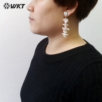 WT-E498 Irregular Shape Pearl Earring Stud With Long Bar Pearl Random Size Jewelry Natural Freshwater Pearl Earring