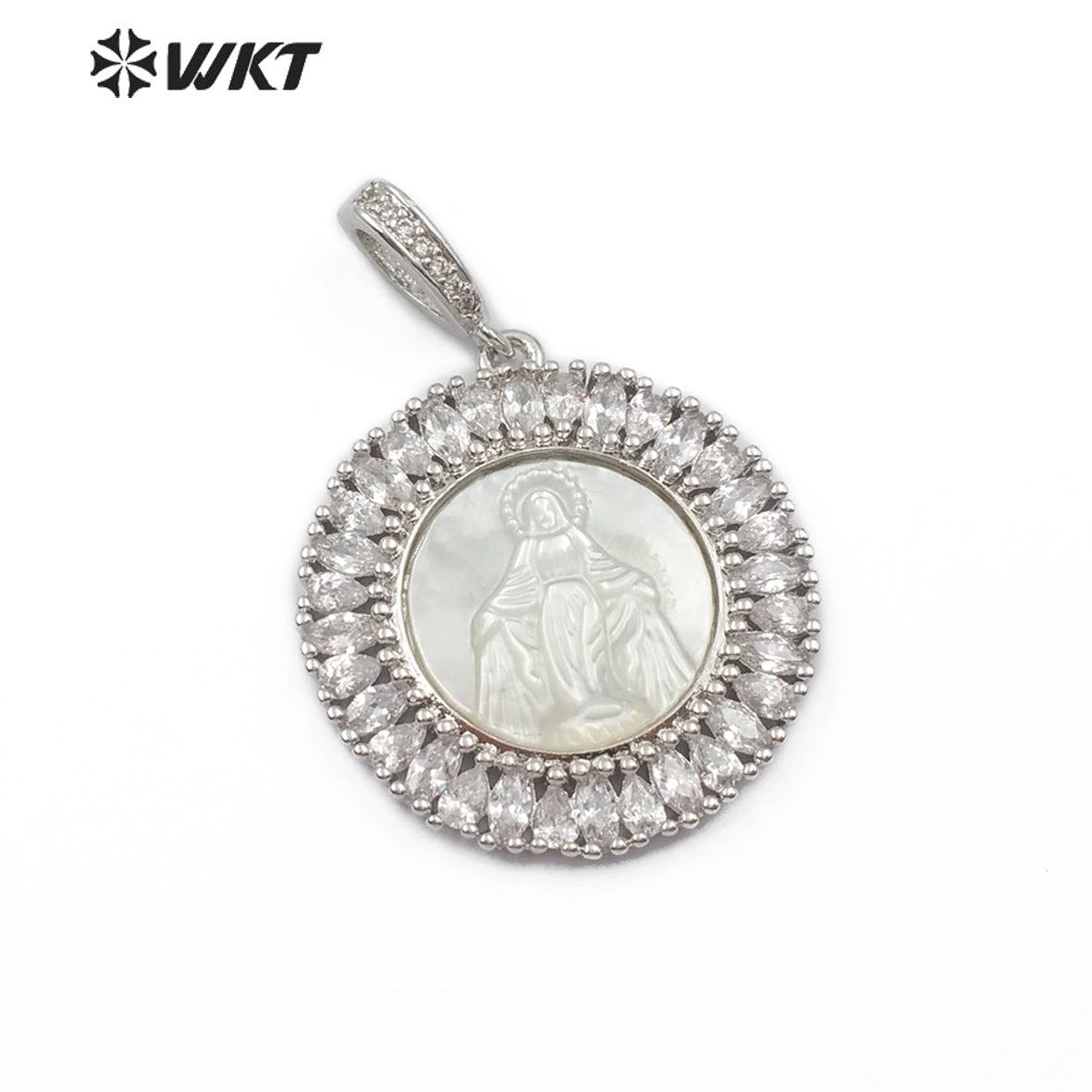 WT-MP116 Hot Sale Jewelry Fashion Accessories Virgin Mary Guadalupe Benedict Sliver Plated Round Shape Religious CZ Pave Pendant