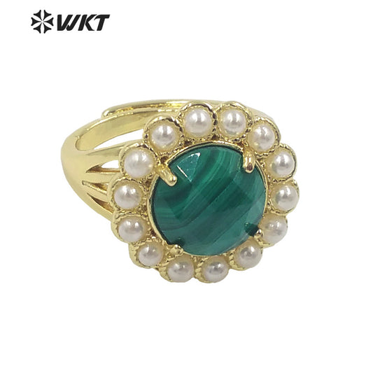 WT-MPR079 Wholesale Fashion 18K Real Gold Plated Round Gemstone Malachite Natural Stone Lady Ring Popular INS Hot Women Ring