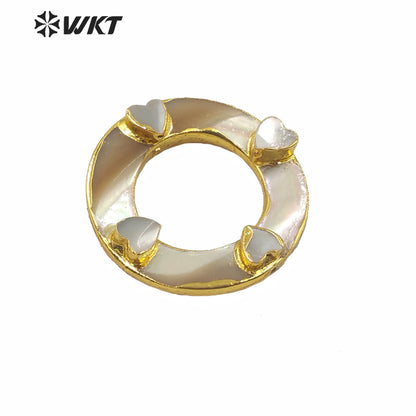 WT-JP220 Natural Round Shell Ring for Jewelry DIY Findings Making With a Strand Through Hole Gold Electroplated Round Connectors