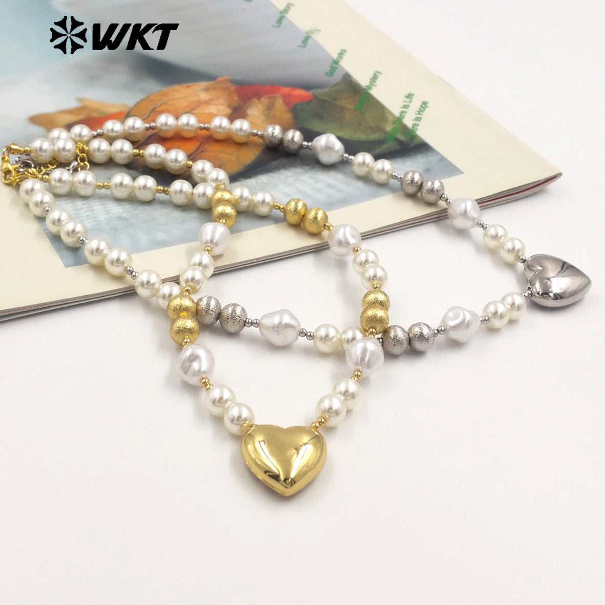 WT-JN286 New Product Lovely Natural Yellow Brass Artificial Pearl Love Shaped Necklace for Sweet Girls As Daily Matching Jewelry