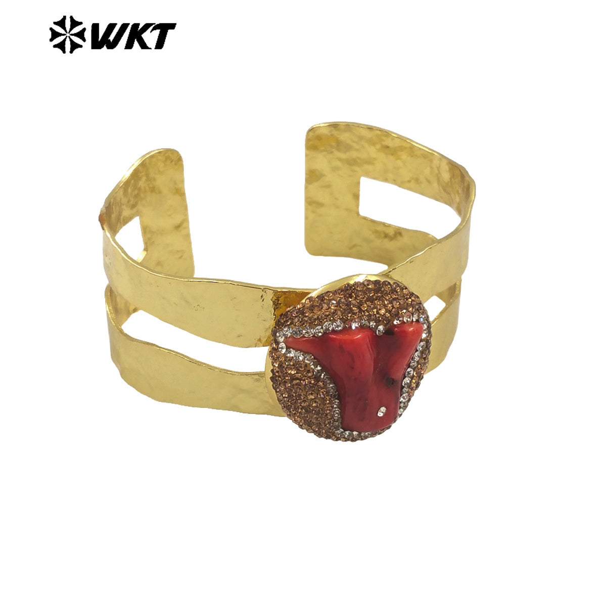MPB104 WKT Unique Special Design Bohemian Vintage Natural Red Coral With Rhinestone Pave Gold Women Bangle