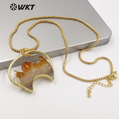 WT-N1267 WKT Amazing Design 18k Gold Plated Natural Yellow Citrine Quartz Crescent Horn Stone Necklace Precious Birthday Stone