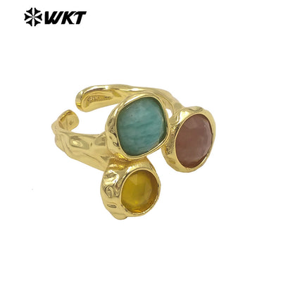 WT-R590 Boutique Fashion Gold Plated Three Natural Gemstones Triangle Adjustable Rings For Female Birthday Gift Accessories