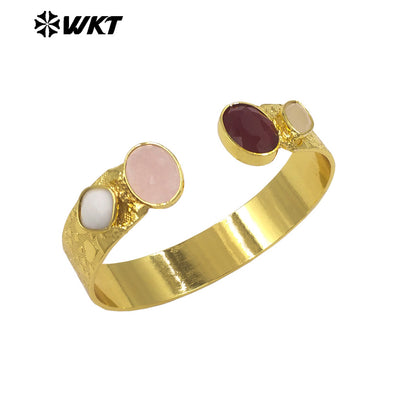 WT-B706 Top Qualiy Vintage Style 18K Gold Electroplated Natural Multiple Gemstones Cuff Women Bangles As Birthday Gift