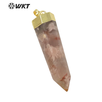 WT-P1639 WKT New Natural Long Spirit Quartz Point Cherry Agate Stone Jewelry Pendant 18k Gold Plated Hexagonal Point Pendant
