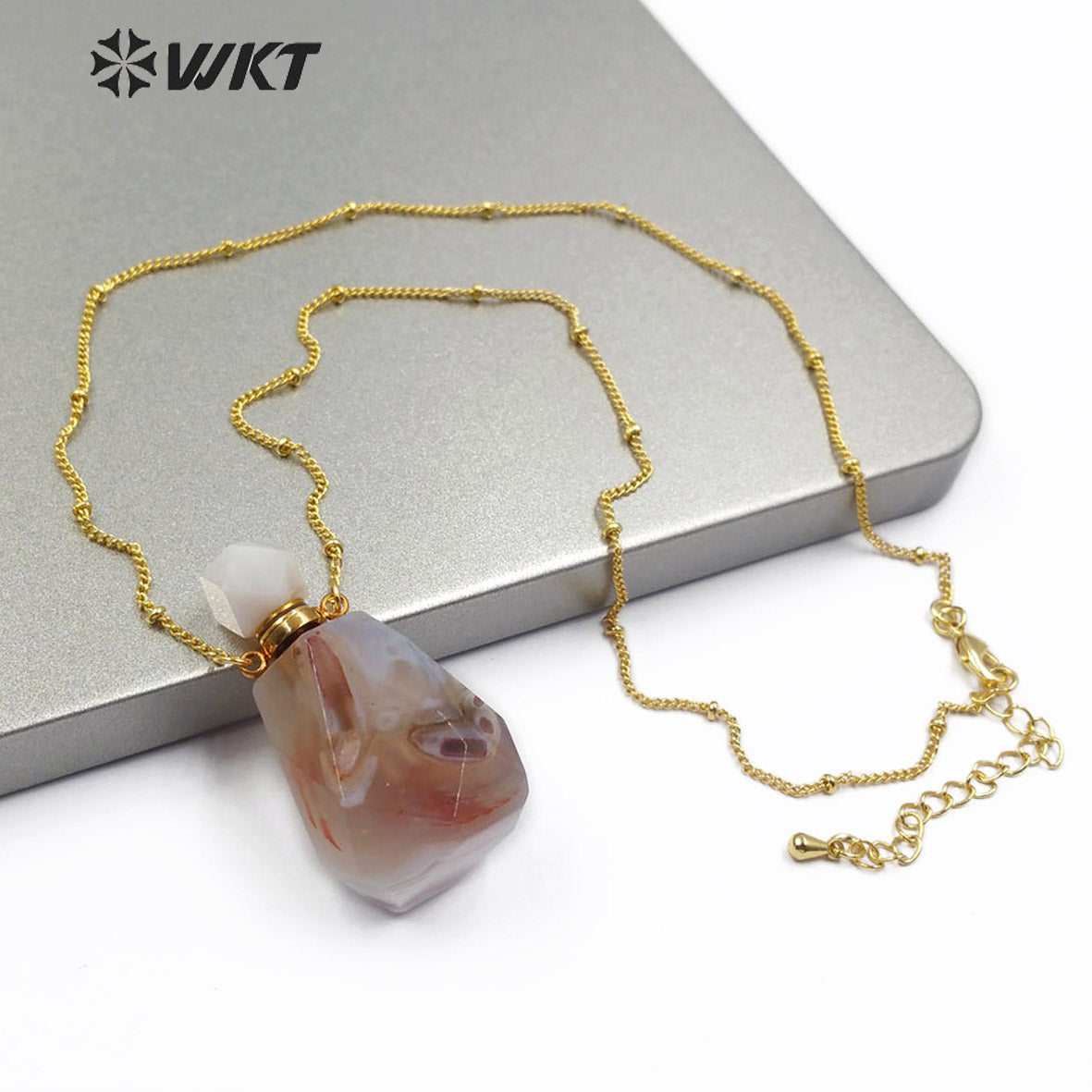 WT-N1171 Newest Natural Green Fluorite Stone Perfume Bottle Necklace Rhodonite Necklace Women Stylish Moss Agate Necklace