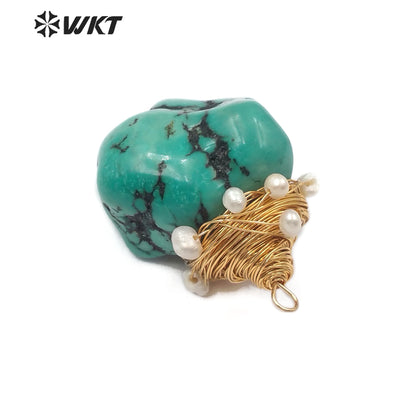 WT-P1444 Natural Stone Necklaces Pendant With Copper Wire Charm White Beads Embellishment Green Pendant Turquoise Pendant