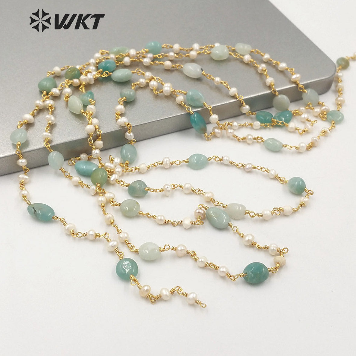 WT-RBC170 Gorgeous Natural amazon Stone Beads Chain with Pearl Mix Elegant Lady Jewelry DIY Necklace Chain for Design Wire Chain