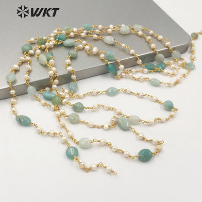 WT-RBC170 Gorgeous Natural amazon Stone Beads Chain with Pearl Mix Elegant Lady Jewelry DIY Necklace Chain for Design Wire Chain