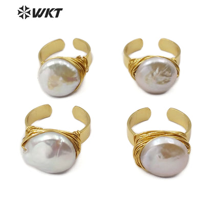WT-R340 Newest Jewelry Wire Wrapped Pearl Ring Natural Pearl Gold Electroplated Ring Women Fashion Charm Jewelry Ring
