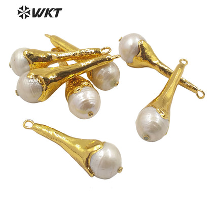 WT-JP193 Women Gold Plated Torch Shape Baroque Pearl Pendant Wholesale Fashion Gold Long Natural Baroque Pearl Pendant