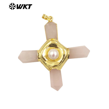 WT-P1967 Wholesale Fashion Gold Plated Cross Healing Energy Gemstone Point Anchor Pendants Special Rose Quartz Jewelry