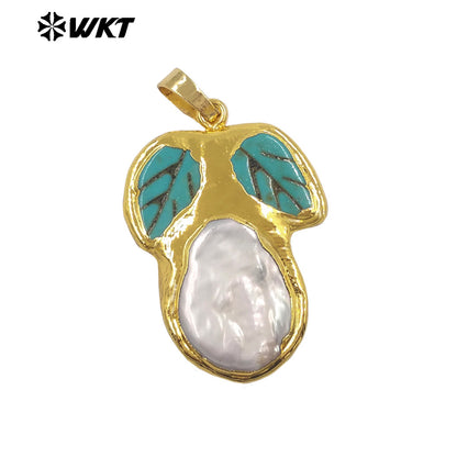 WT-JP499 Exclusive Unique Design 18K Gold Plated Natural Turquoise And Pearl Leaf Shape Pendant For DIY Necklace Findings