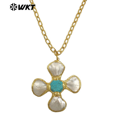 WT-JN346 Popular 18K Gold Plated Natural Turquoise Amethyst Stones And Shell Flower Shape Pendant Necklace As Party Jewelry
