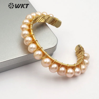 WT-B474 Women Gold Bangle Jewelry Natural Multi-pearl Bangle Pale Pink Rose Golden Pearl Bangle