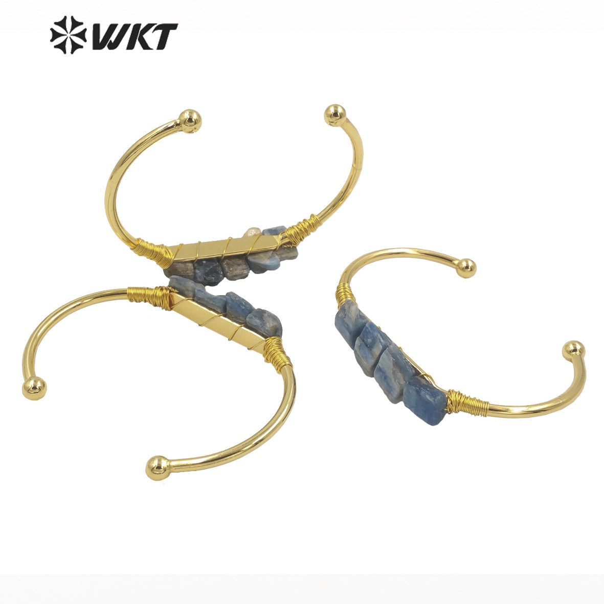 WT-B596 WKT Blue Natural Stone Blue Kyanite Opening Adjustable Gold Plated Bangle Beautiful Women Fashion Vintage Style Bangle