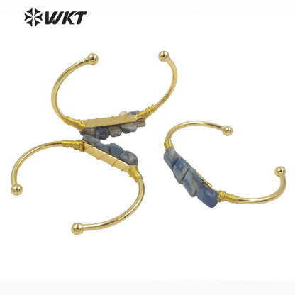 WT-B596 WKT Blue Natural Stone Blue Kyanite Opening Adjustable Gold Plated Bangle Beautiful Women Fashion Vintage Style Bangle