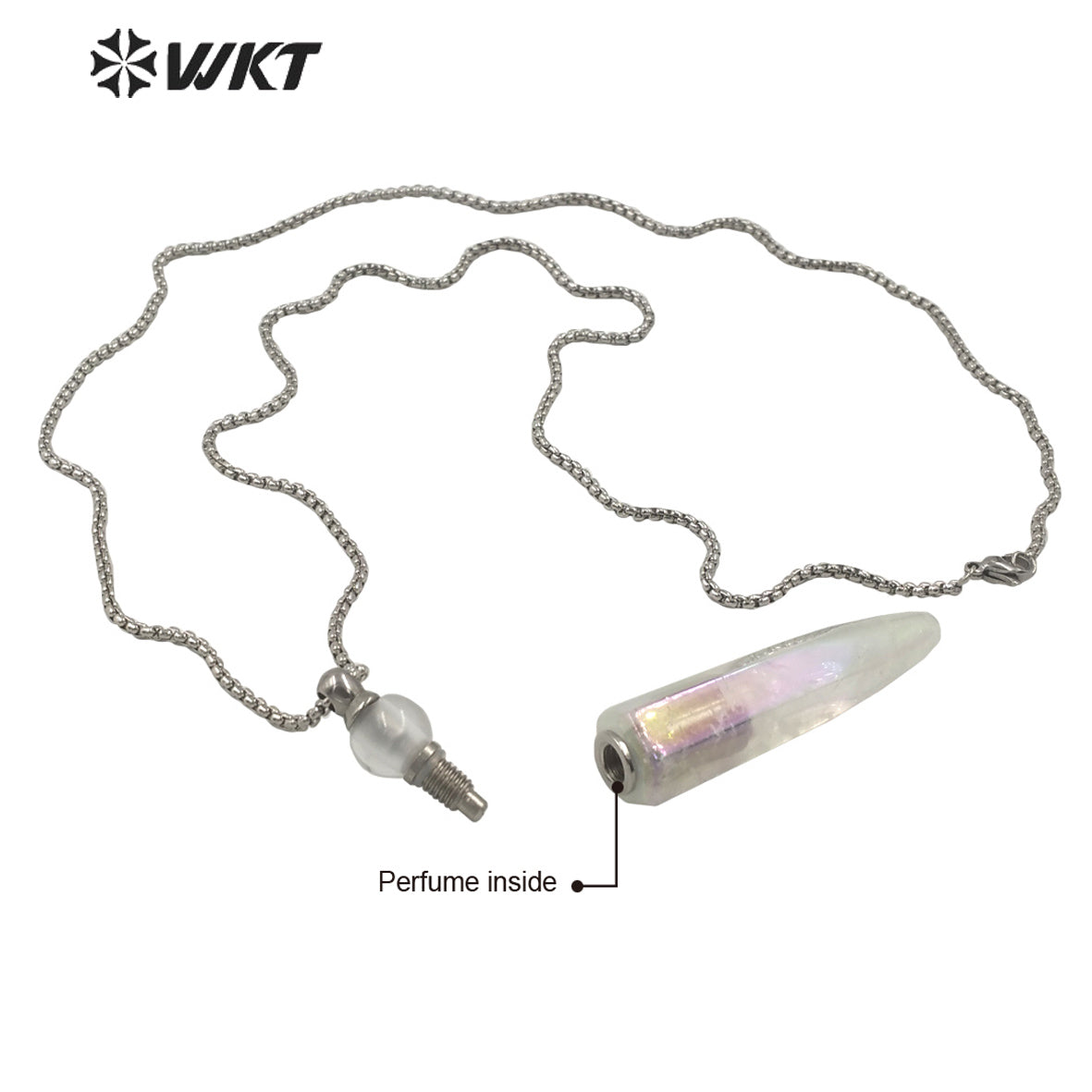 WT-N1259 Steel Amazing Natural Aura Crystal Quartz Point Perfume Bottle Necklace Unisex Aura Spirit Quartz Stone Perfume Bottle