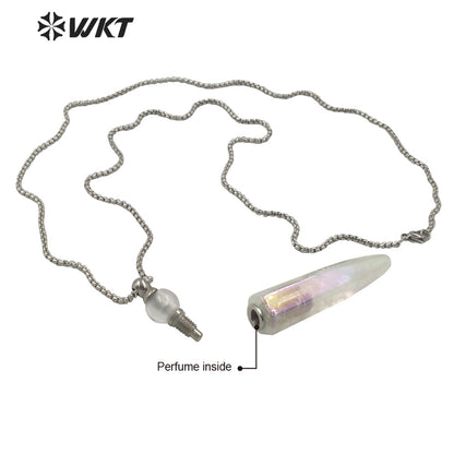 WT-N1259 Steel Amazing Natural Aura Crystal Quartz Point Perfume Bottle Necklace Unisex Aura Spirit Quartz Stone Perfume Bottle