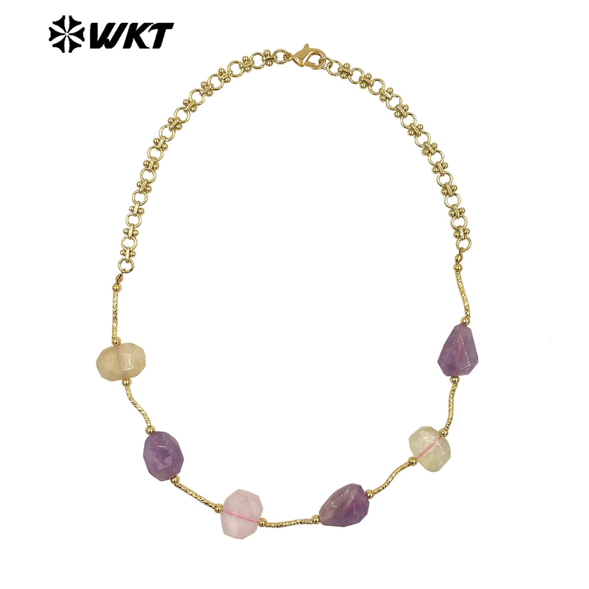 WT-N1492 Wonderful Design Lady Fashion Gorgeous Precious Natural Amethyst and Rose Quartz Cushion Stone Handmade Necklace